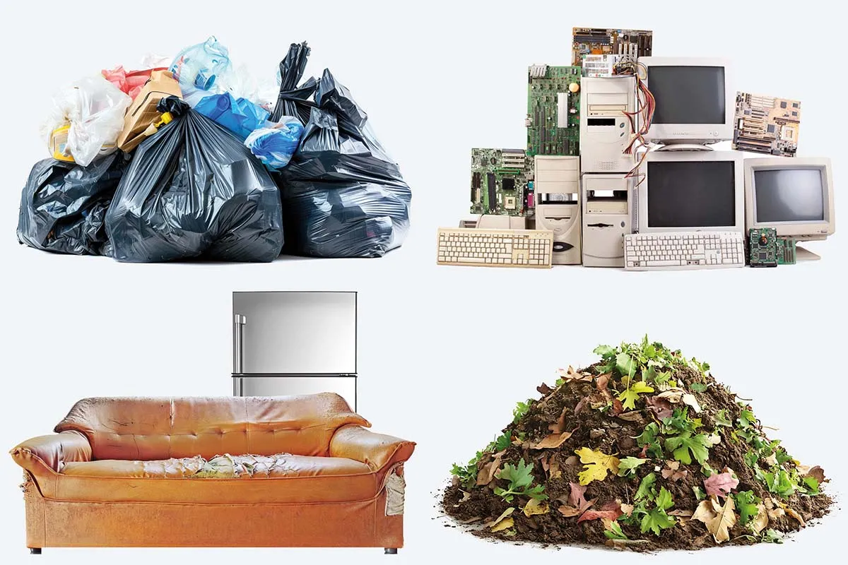 Types of waste we collect: rubbish bags, old electronics, furniture, and garden waste